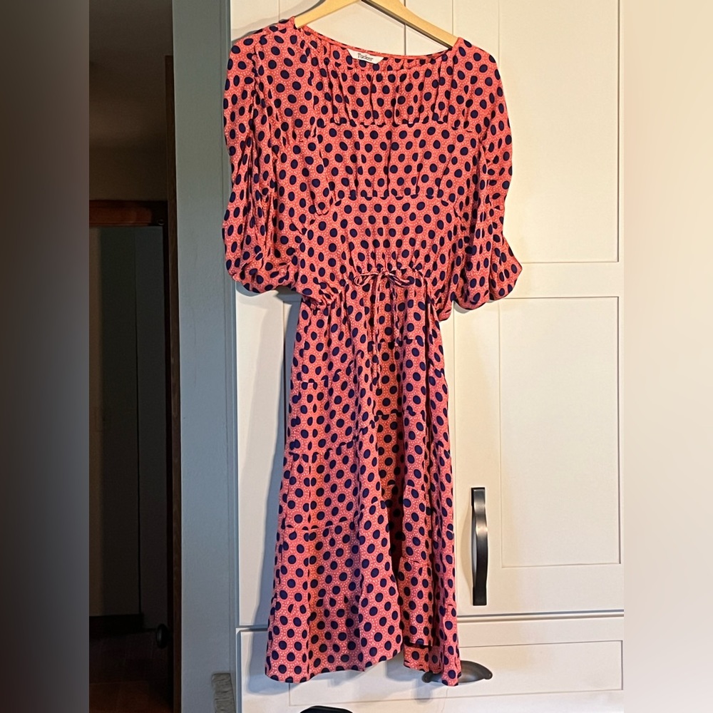 Tucker orange with navy dots silk midi dress, size S, barely worn, very cute